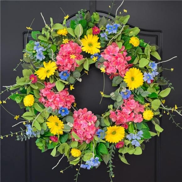 Summer Wreaths for Front Door 24 Inch Summer Wreath with Vibrant Dahlia - Picture 1 of 7